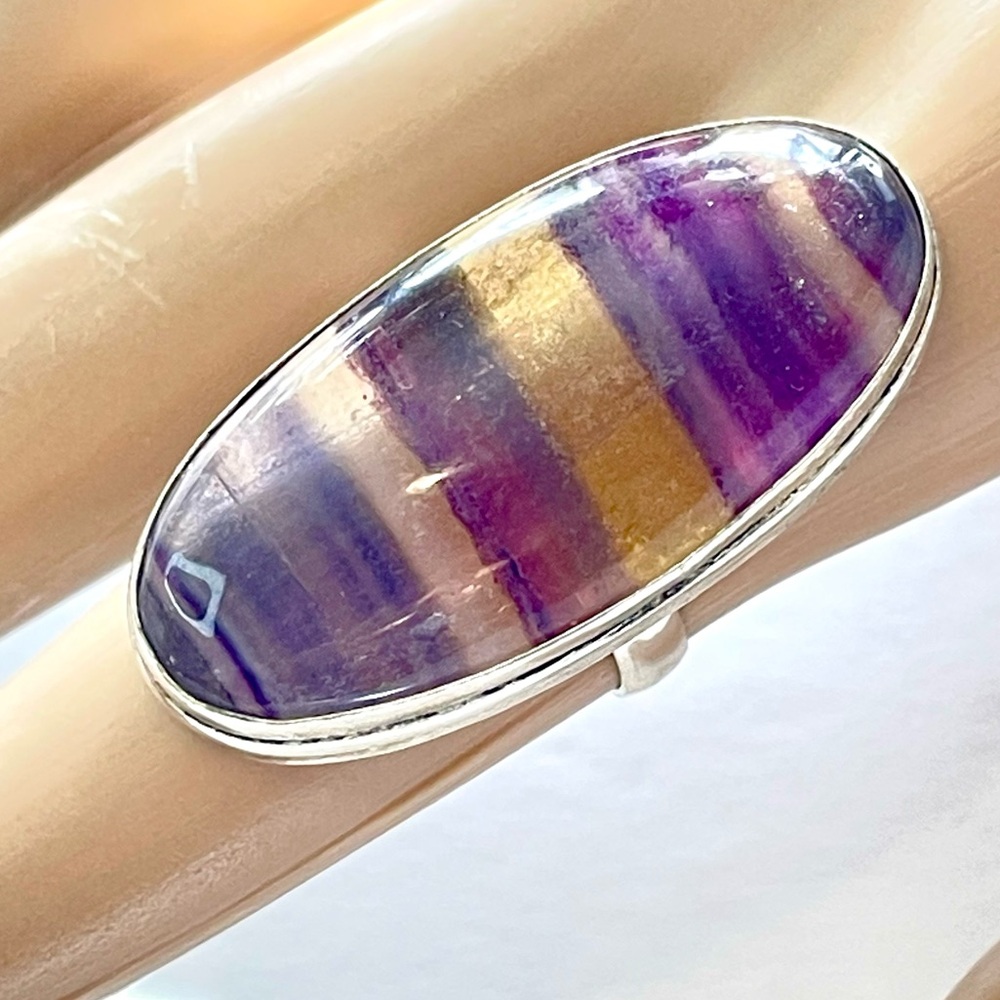Fluorite Gemstone Purple and Yellow Gold Striped Ring